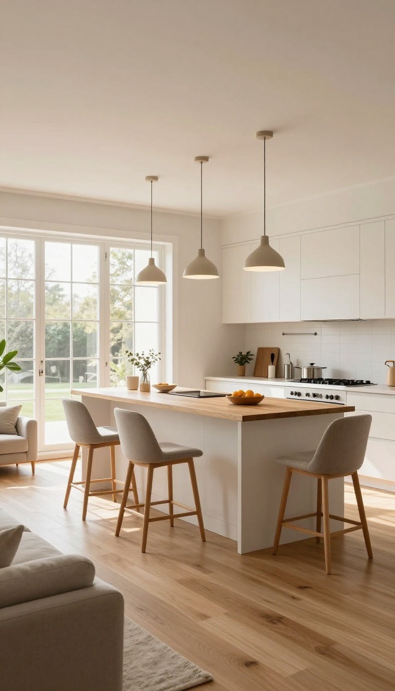 Three pendant lights hanging in a row over a kitchen island in a bright open-plan living room and kitchen
