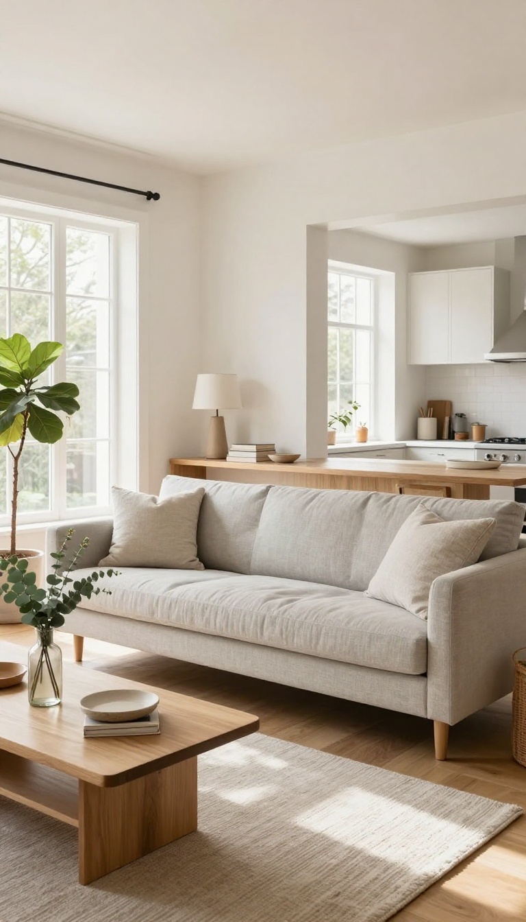 Bright open concept living room with a floating gray sofa pulled away from the wall, a narrow console table behind it, and a clear walkway leading to the kitchen and dining area