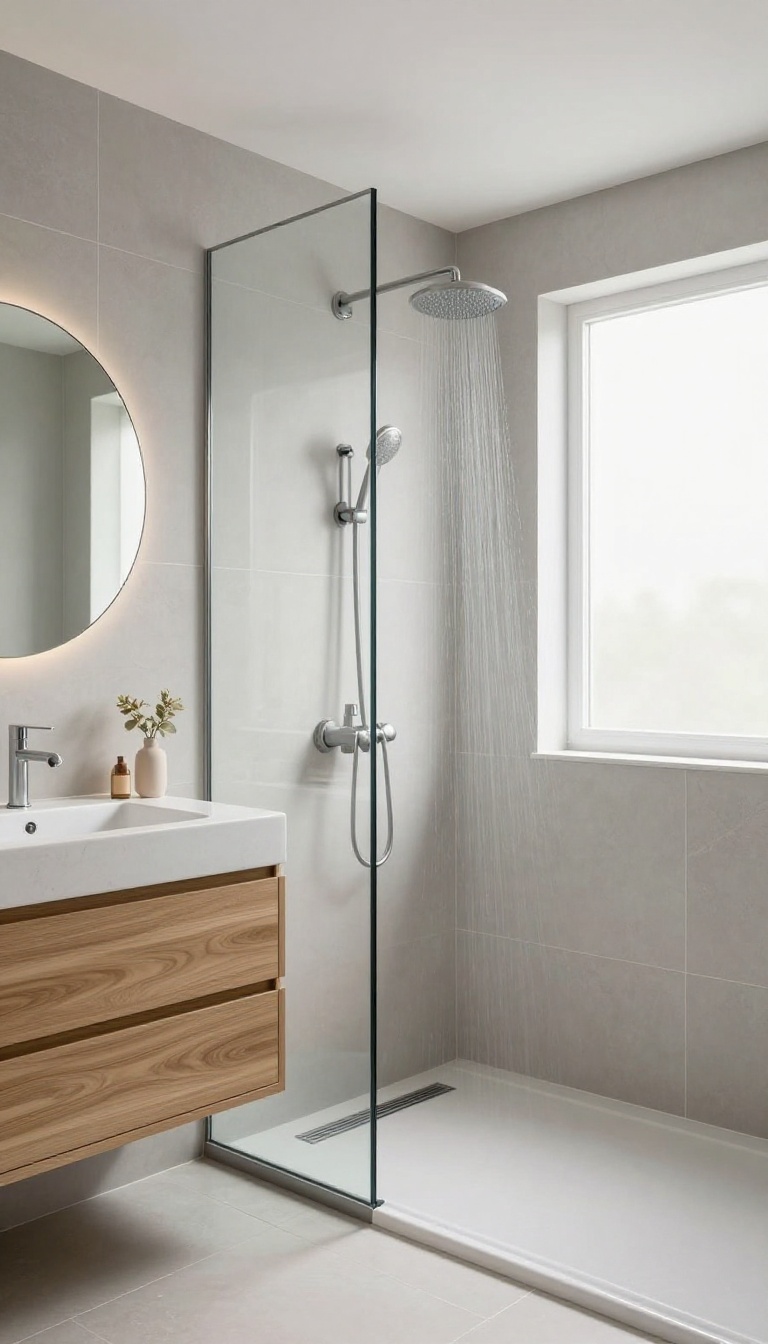 Modern wet room with frameless glass divider, creating an open and airy bathroom design
