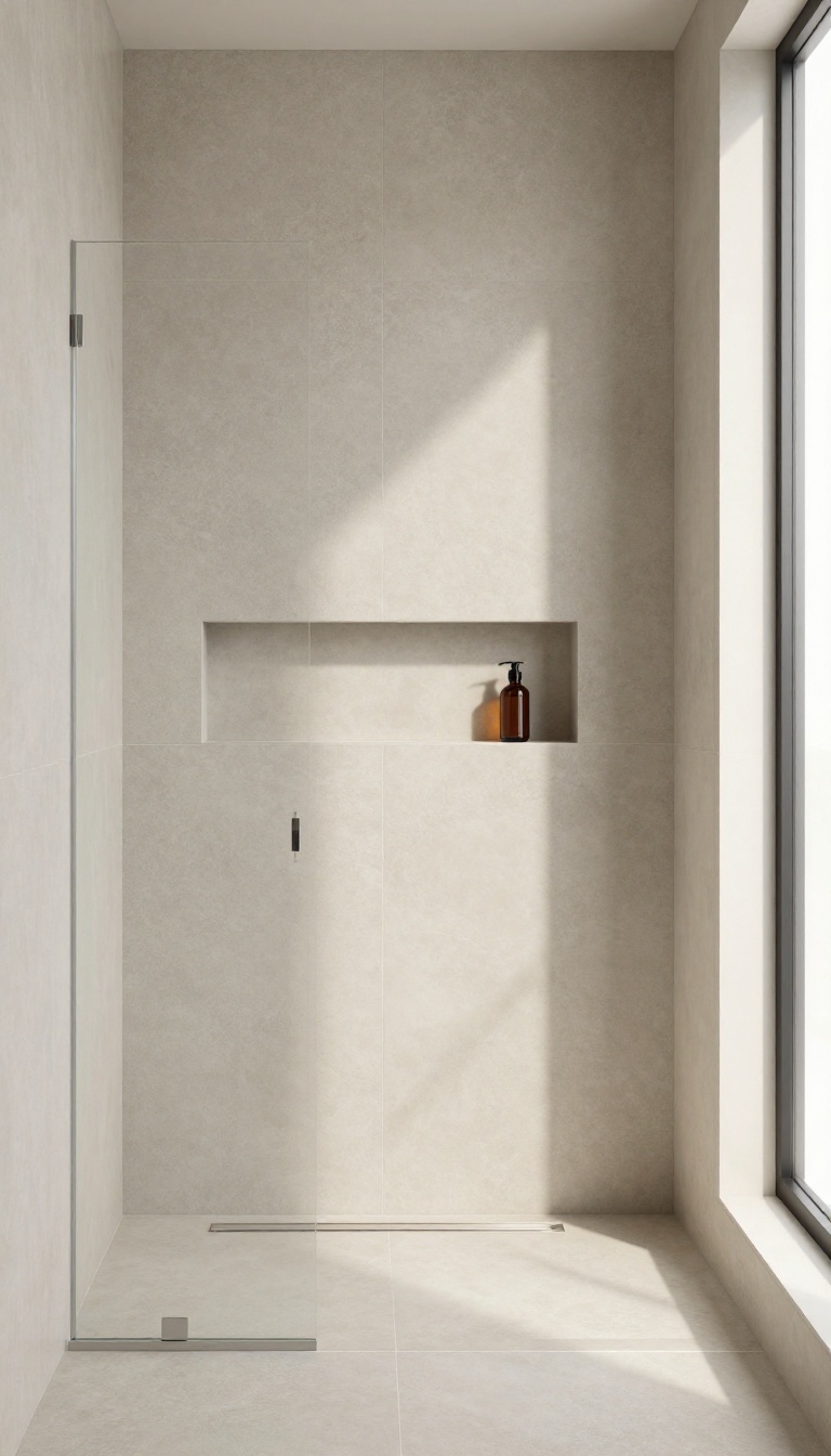 Modern shower with large-format matte greige tile and minimal grout lines in bright natural light