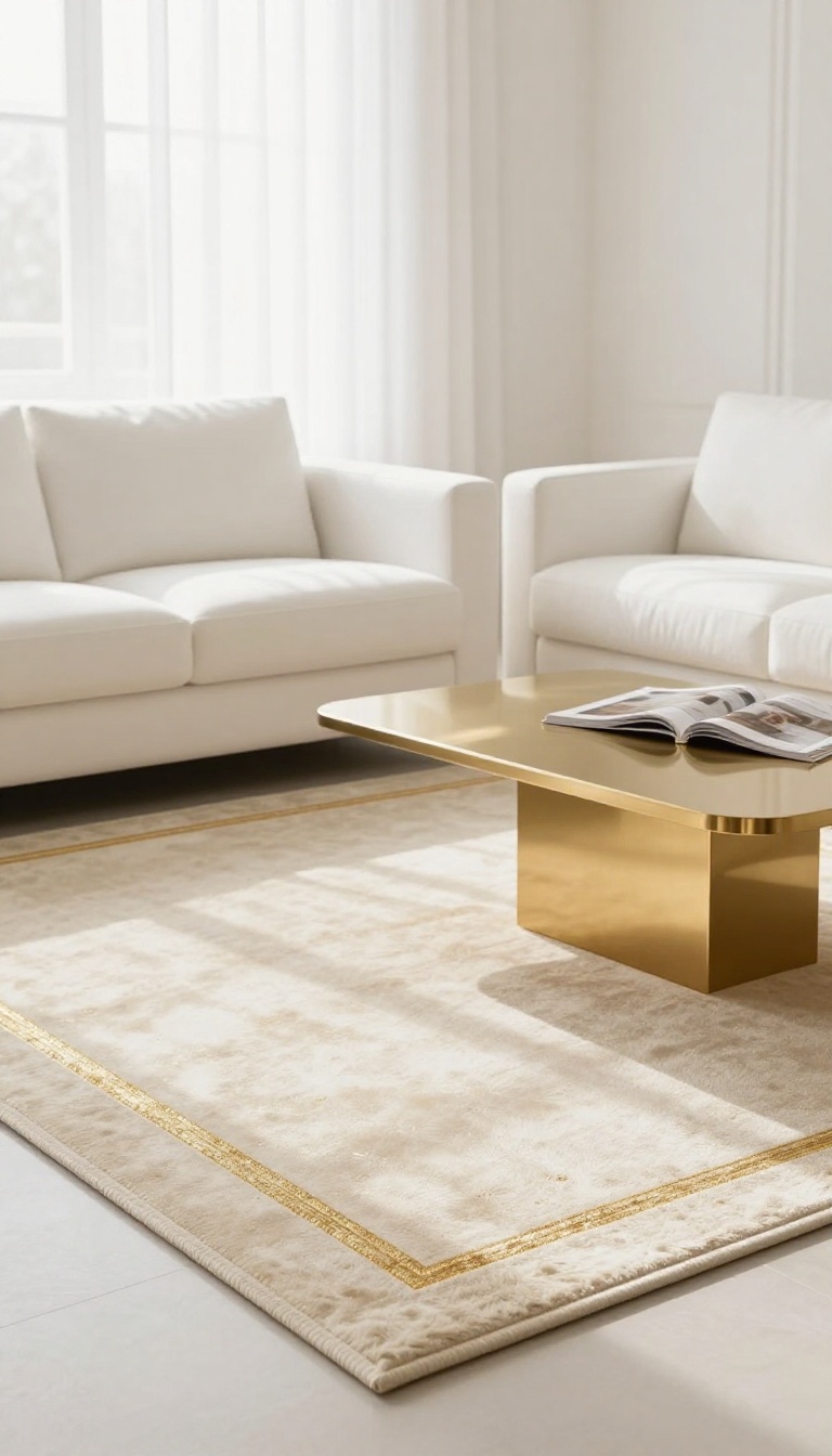 Elegant white and gold living room with a cream area rug featuring a gold border under a white sofa and gold coffee table in bright natural light