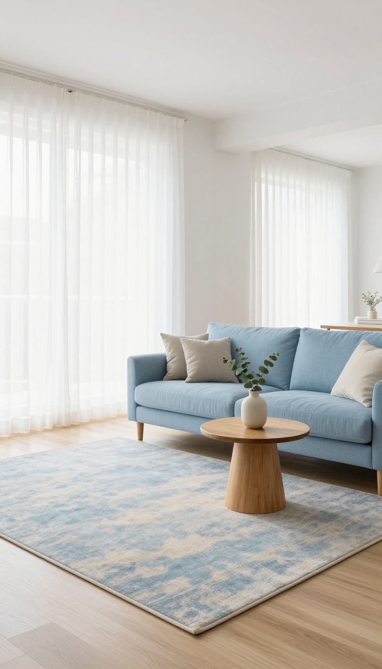 Light blue couch on a slightly lighter blue patterned area rug in a bright serene living room with natural light