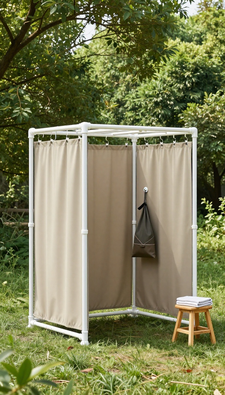 DIY PVC privacy shower enclosure at a campsite with neutral curtains and natural surroundings