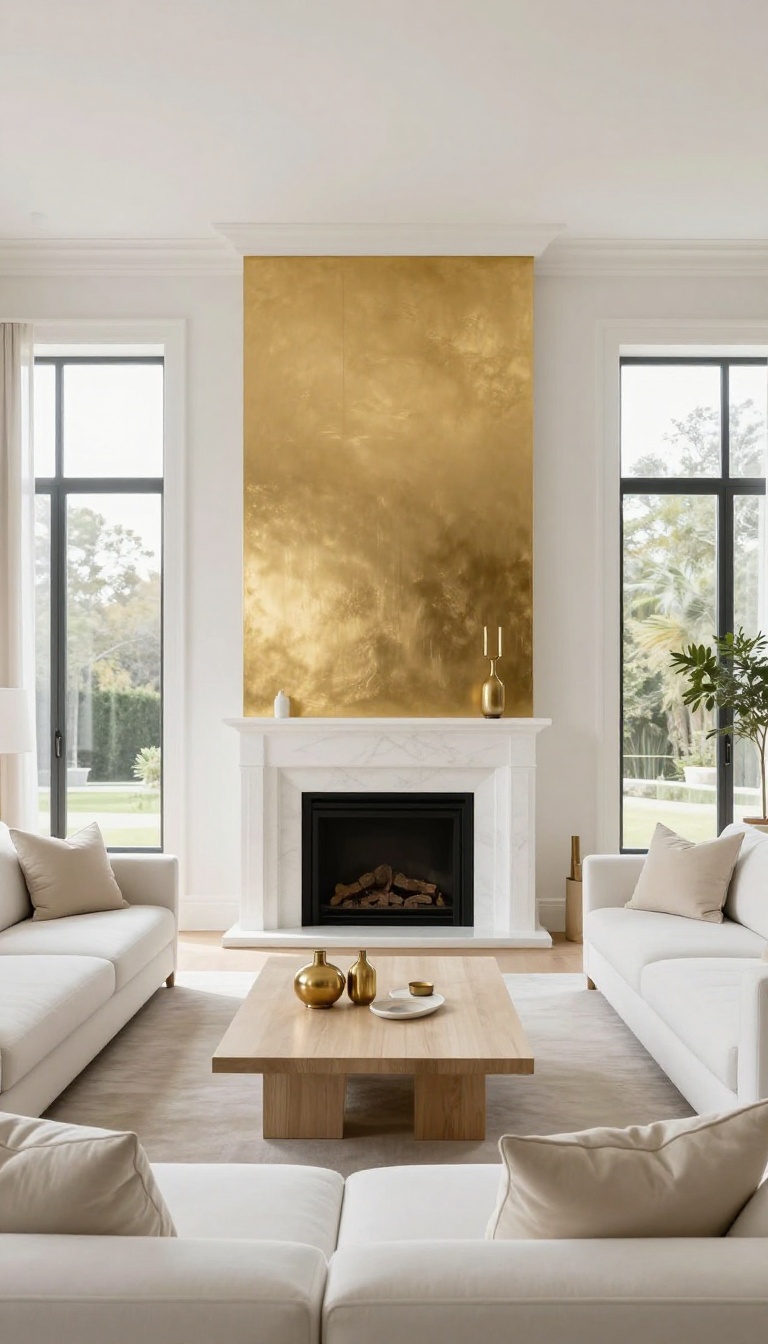 Elegant white living room with a shimmering gold accent wall behind a white sofa in bright natural light