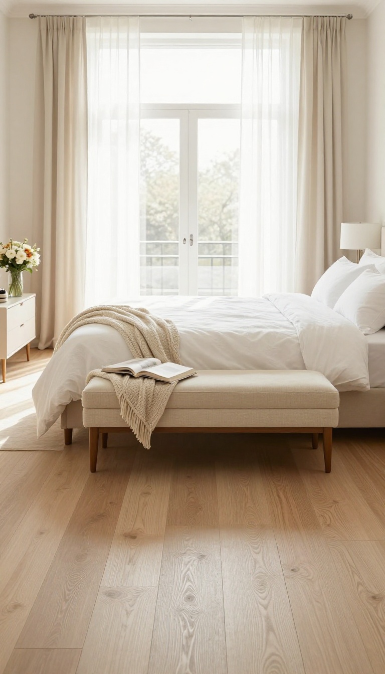 Elegant upholstered bench at the foot of a king bed in a bright luxury bedroom with neutral tones and natural light