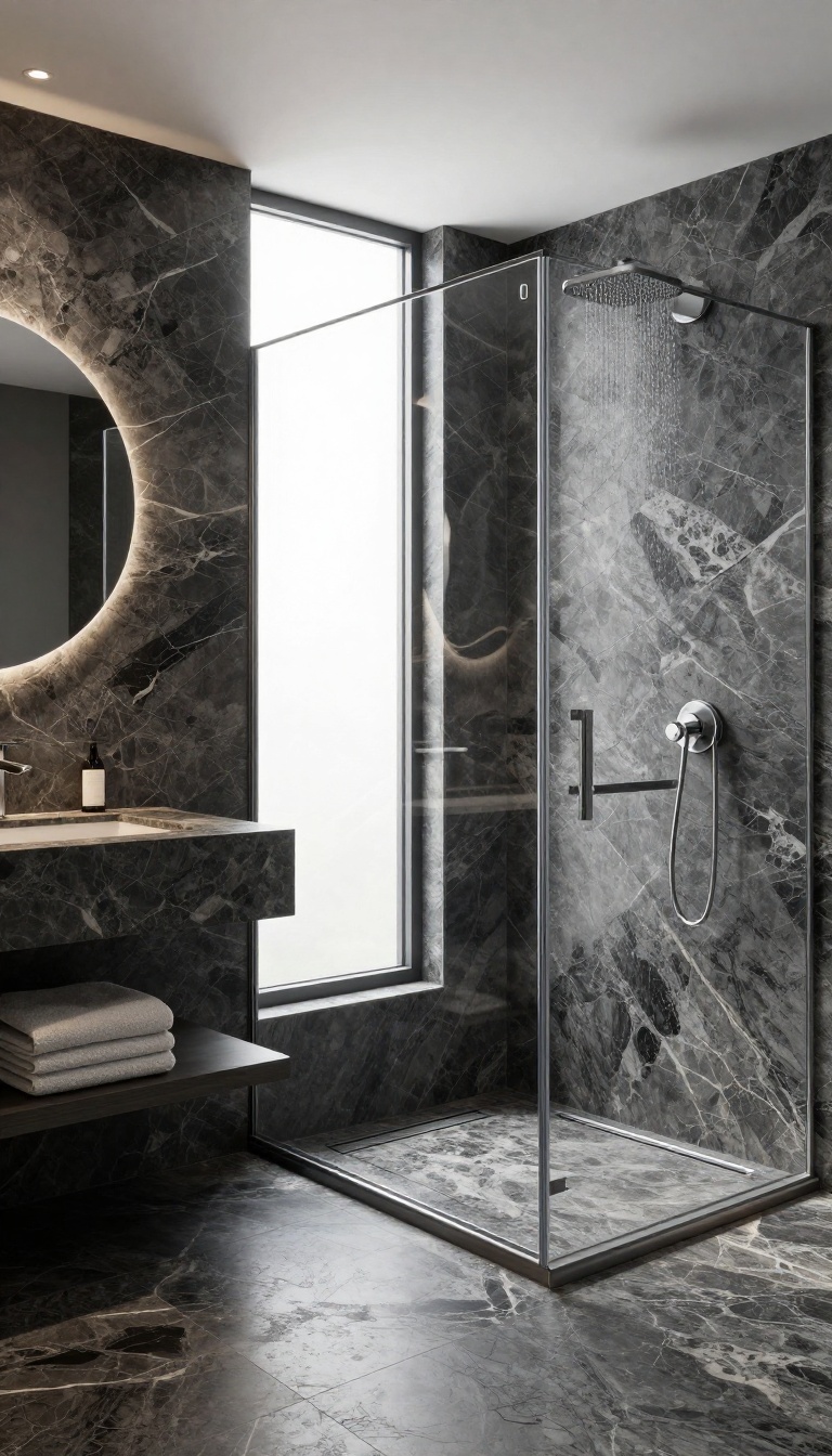 Open walk-in onyx shower with no door, seamless stone floor, and rainfall showerhead in a bright, modern bathroom
