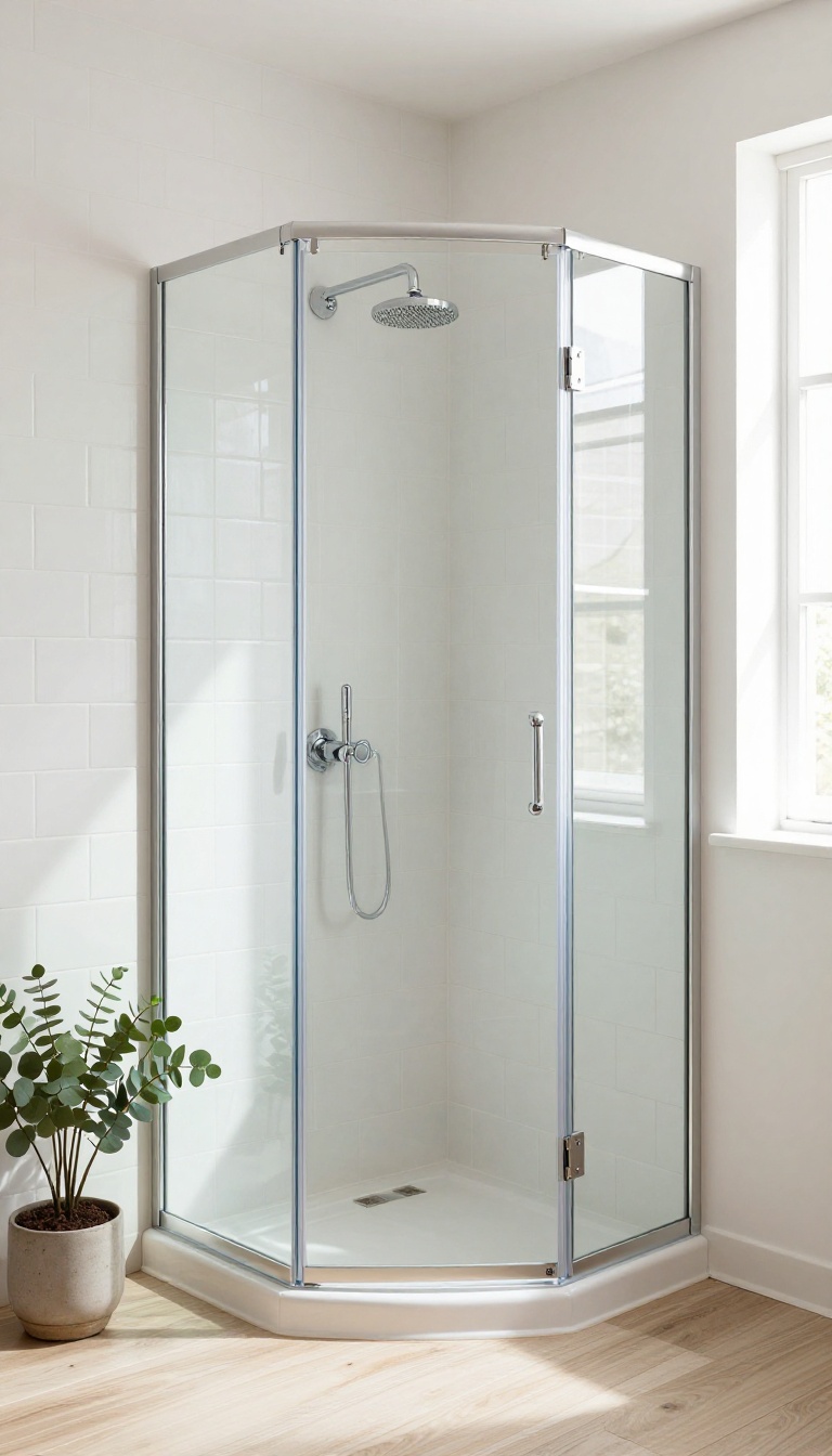 Neo-angle glass corner shower with a 45-degree frameless door in a bright small bathroom
