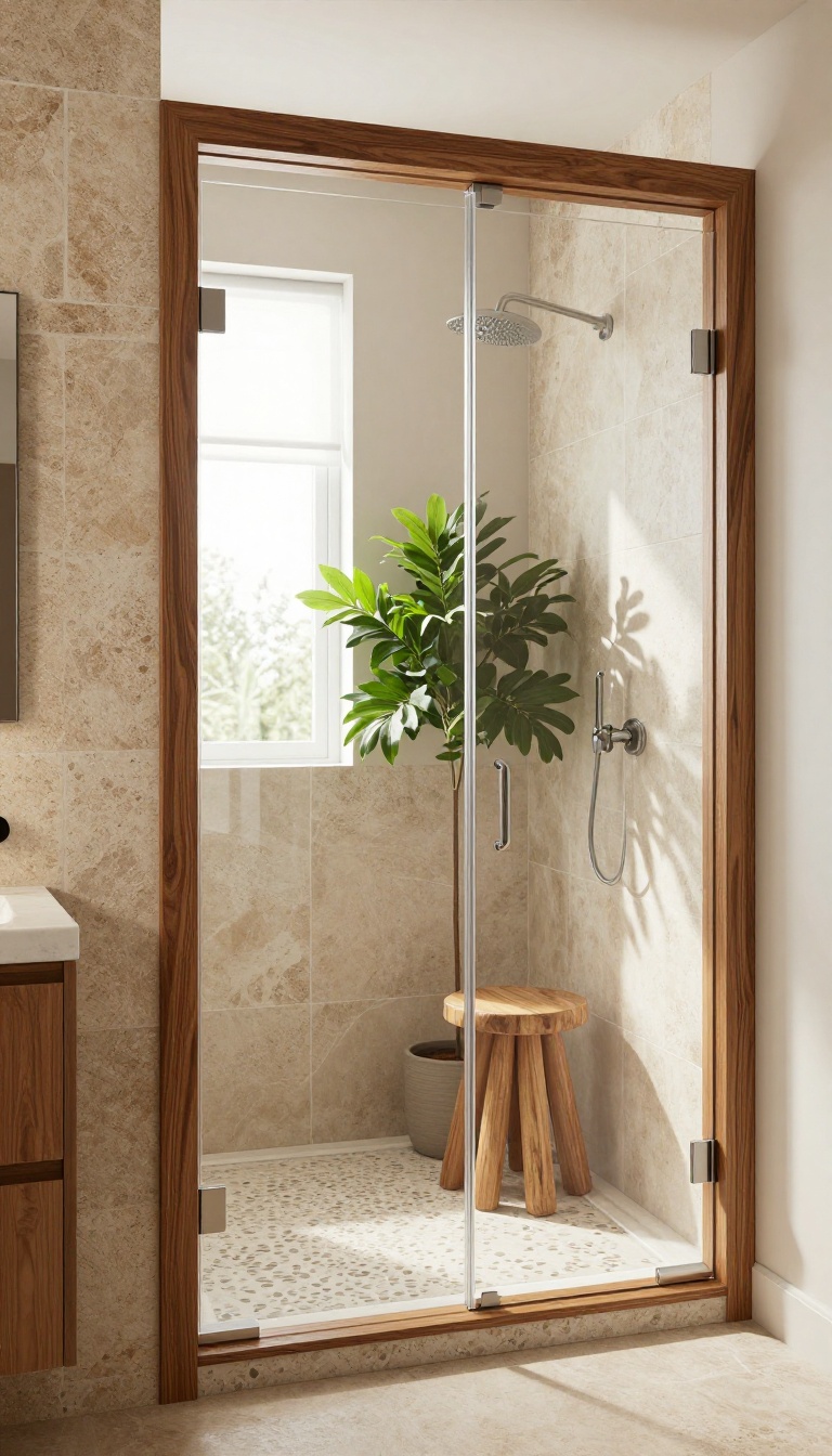 Modern bathroom shower with wood-inspired frame, stone tiles, and greenery
