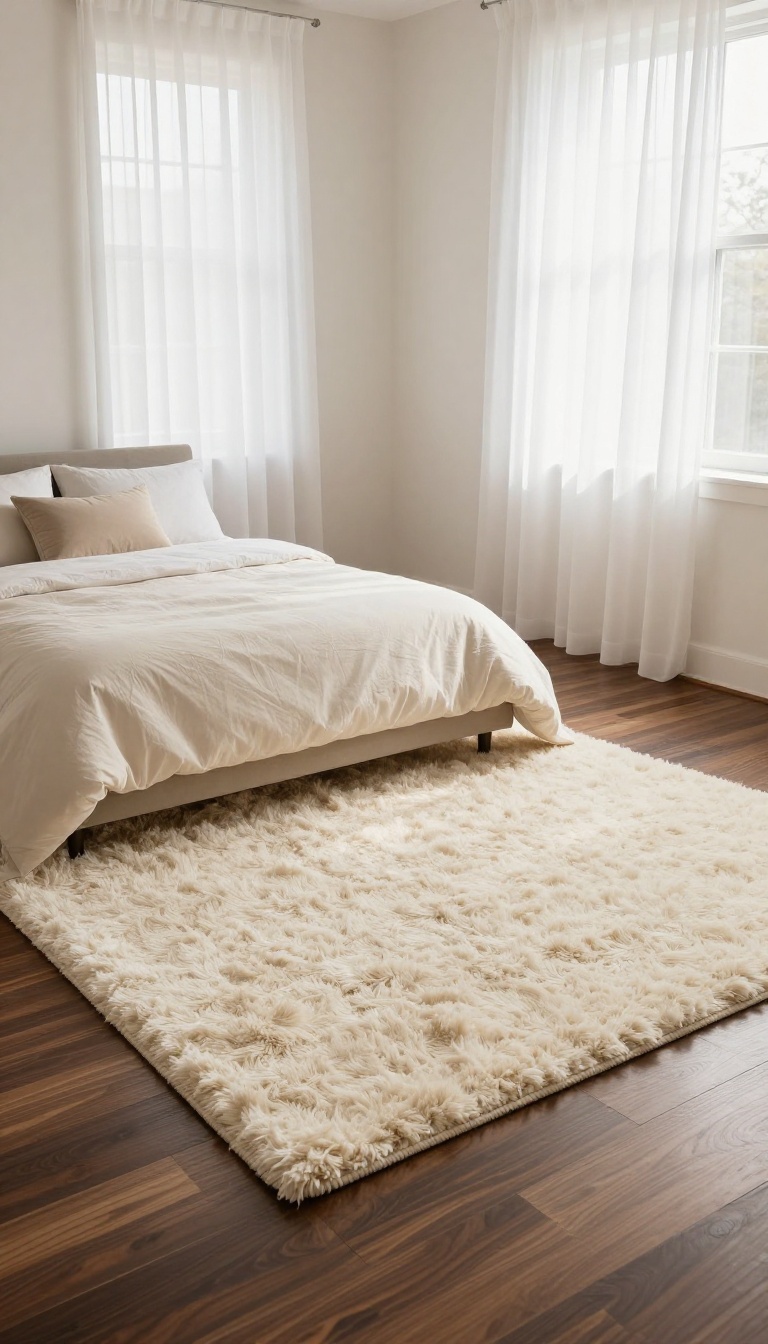 Cozy bedroom with dark wood floors and a plush cream area rug under the bed, leaving a visible wood border