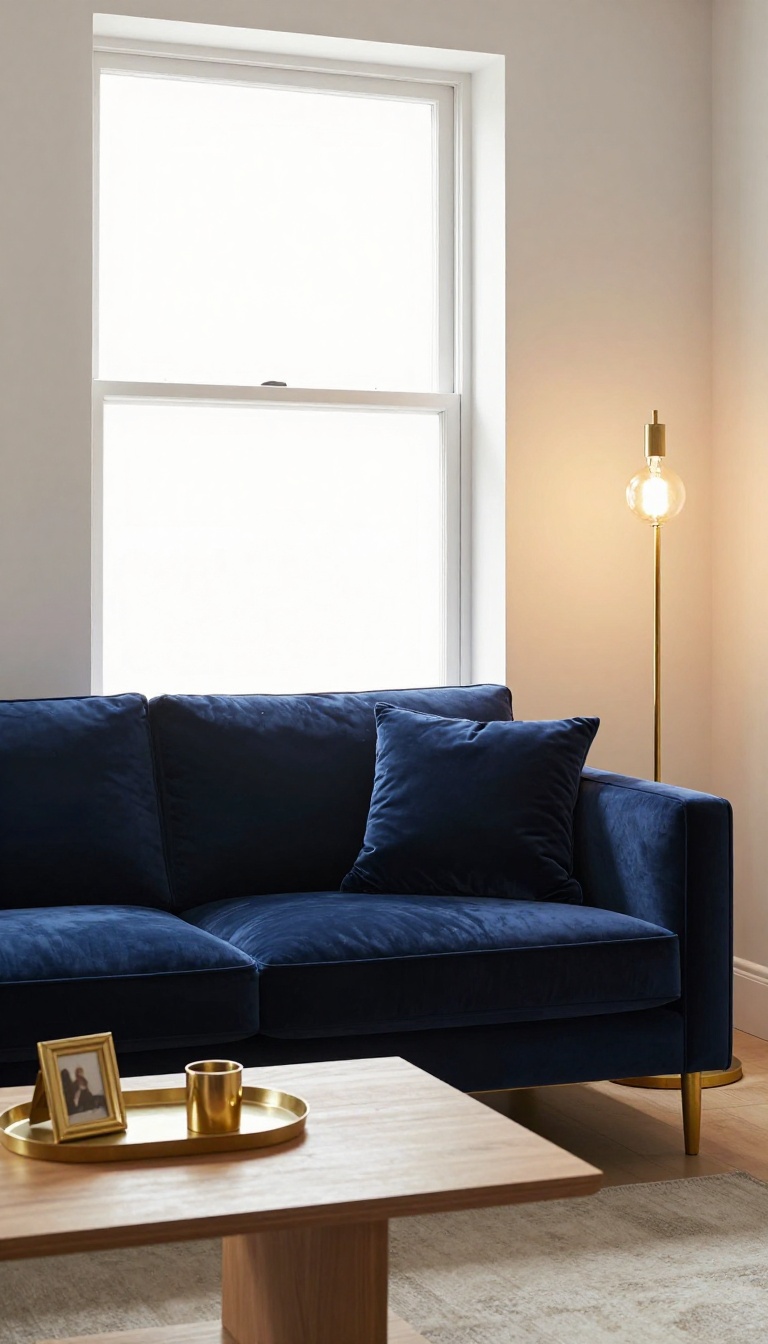 Navy blue velvet couch in a bright living room styled with brass floor lamp, gold picture frame, and metallic candle holders for warm cozy contrast