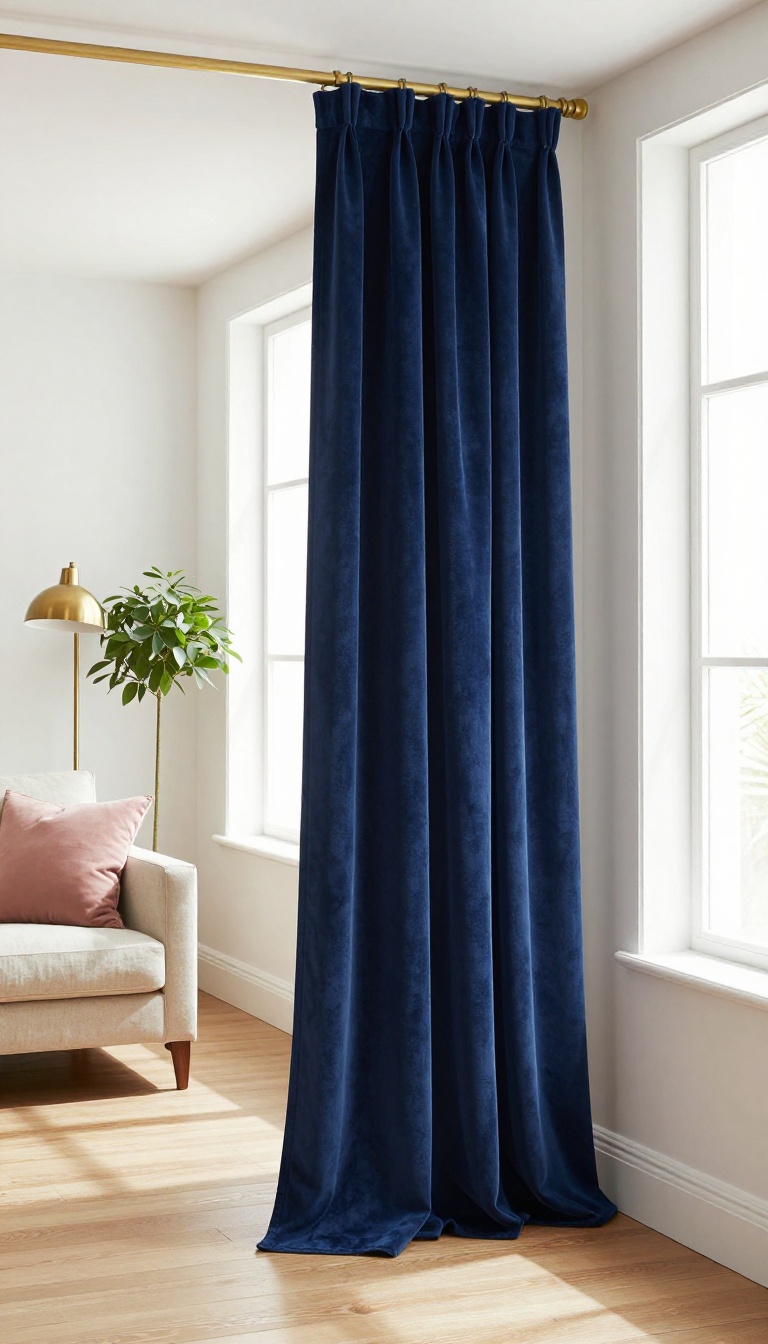 Bright living room with floor-length navy blue velvet curtains on a brass rod, styled with a cream sofa, warm wood floors, and brass accents.