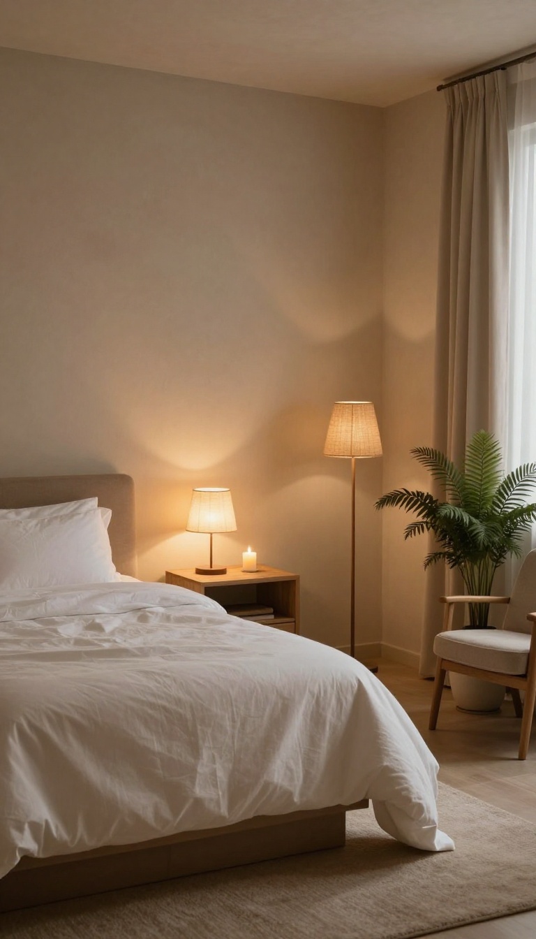 Spa bedroom at night lit by warm dimmable bedside and floor lamps with soft fabric shades, creating a calm layered glow