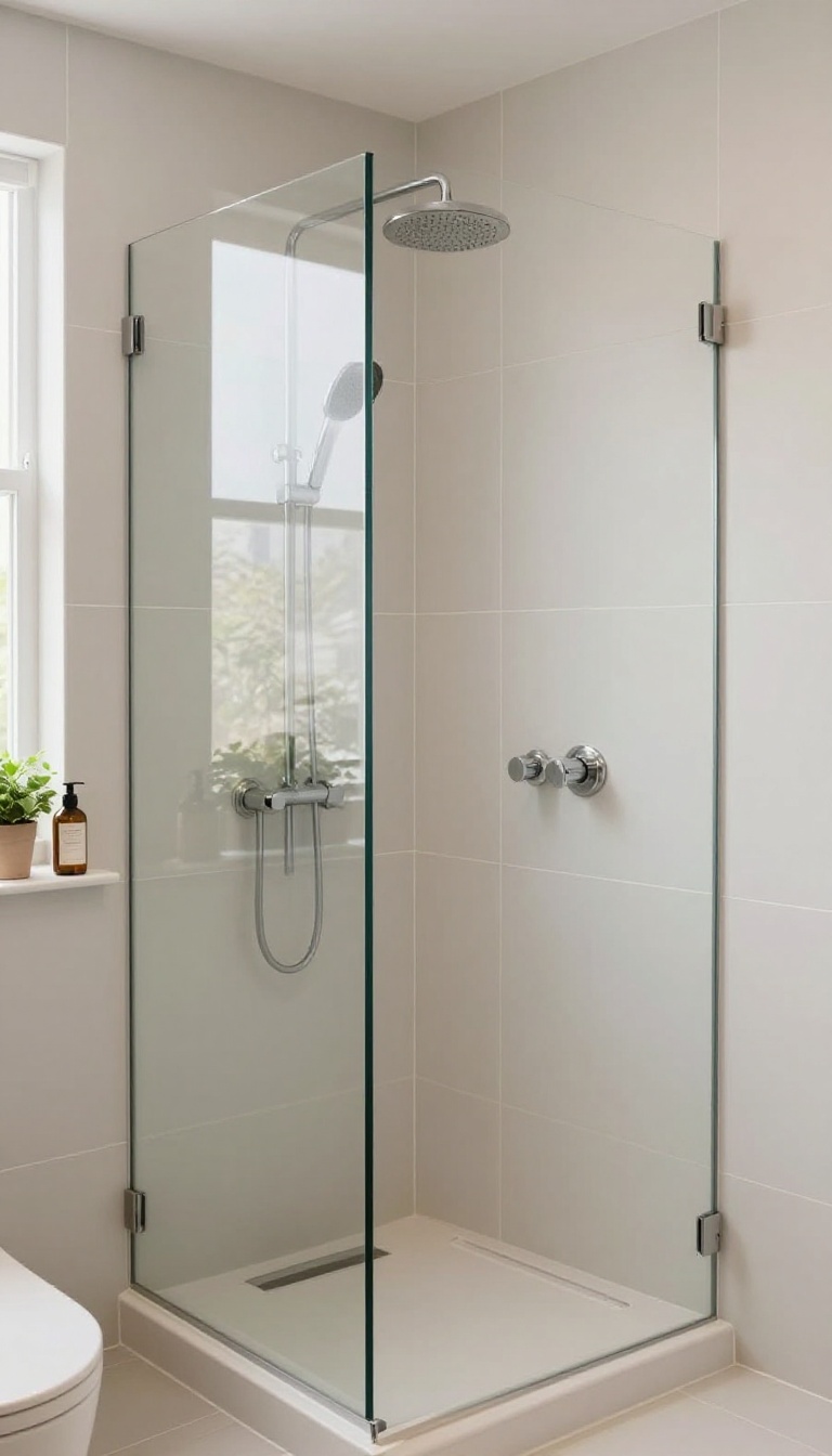 Corner shower with a tiled half-wall and frameless glass panel above, holding shampoo bottles on the ledge in a bright modern bathroom.