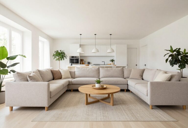 Open plan living room with defined zones for living, dining, and kitchen areas, showing smooth flow and natural light.