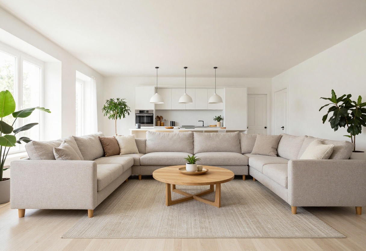Open plan living room with defined zones for living, dining, and kitchen areas, showing smooth flow and natural light.