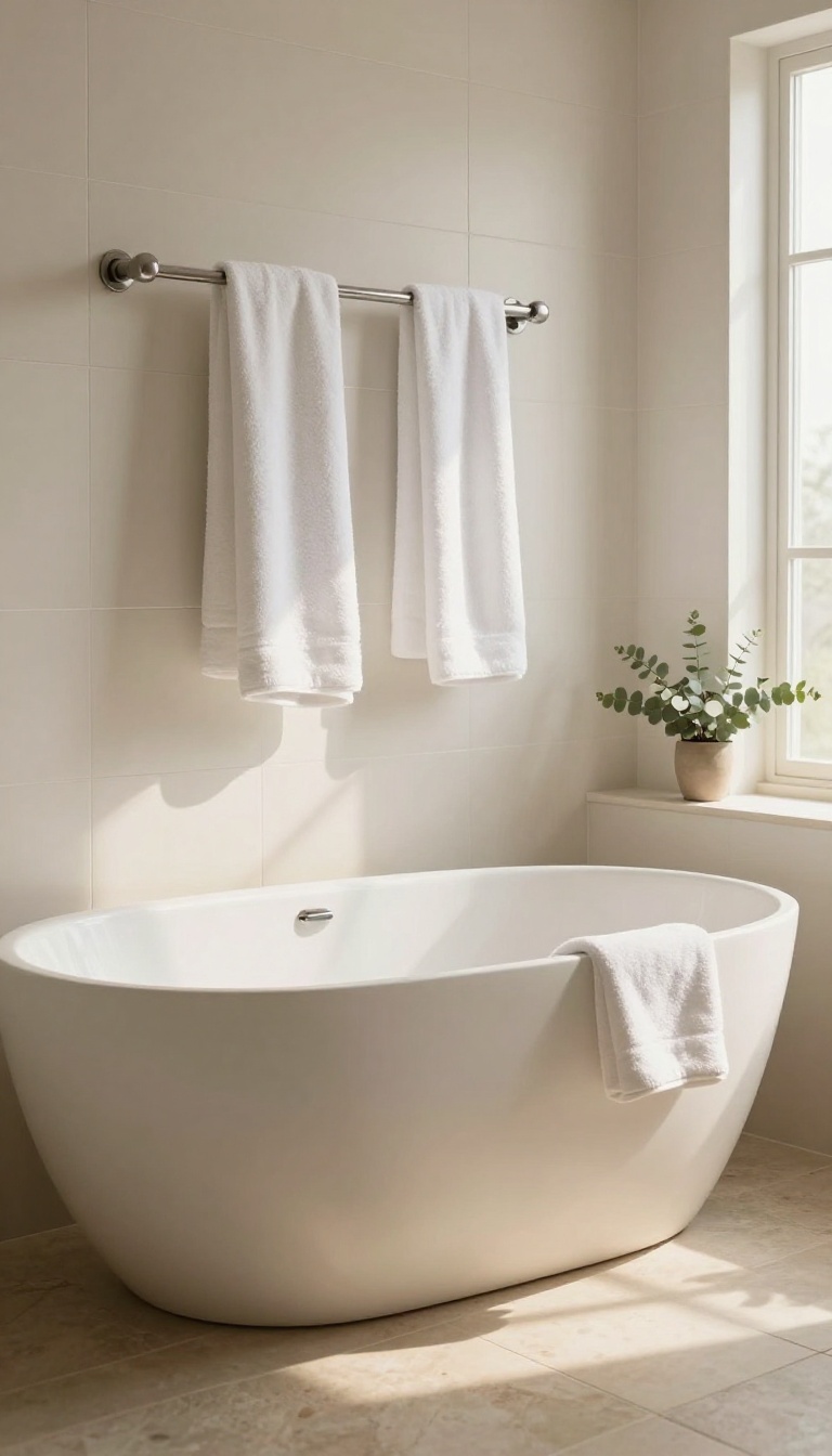 Warm bathroom with a heated towel bar holding cozy towels beside a freestanding soaking tub in bright natural light