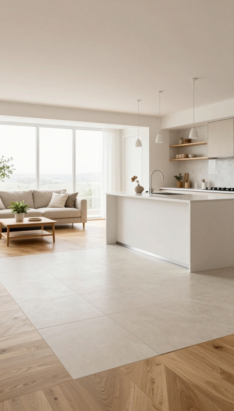 Open-plan living room and kitchen with wood flooring transitioning to tile at a kitchen island, bright natural light