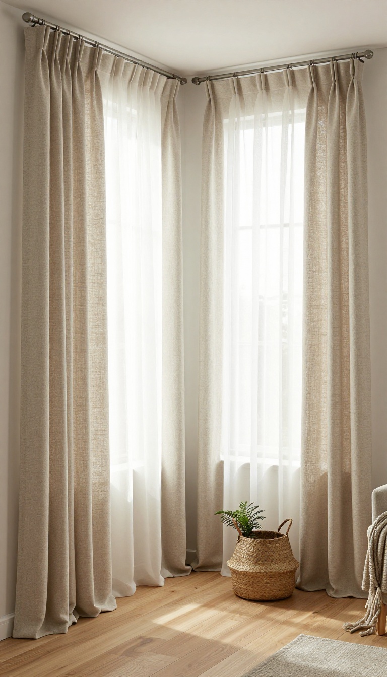 Bright rental living room window styled with floor-length linen curtains on a tension rod and a light-filtering no-drill shade, letting in soft natural light