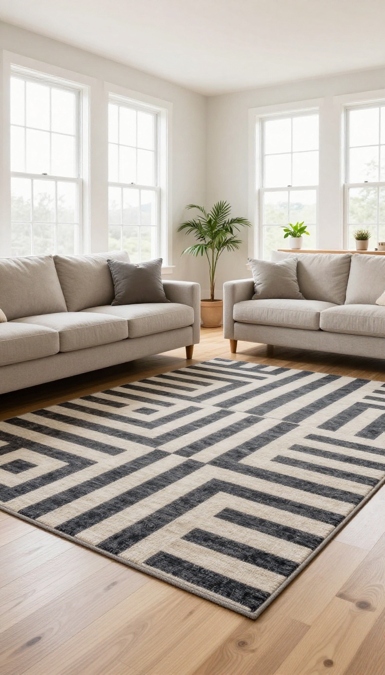 Bright open plan living room with a large patterned area rug defining the seating zone on light wood floors
