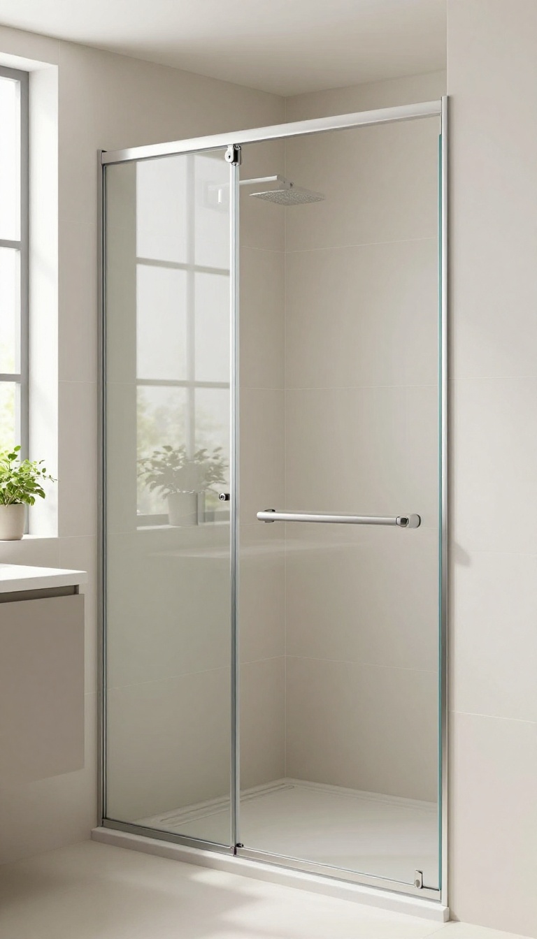 Minimalist sliding shower door in a compact bathroom with clear glass and aluminum track, showcasing space efficiency and a calm, cohesive style.