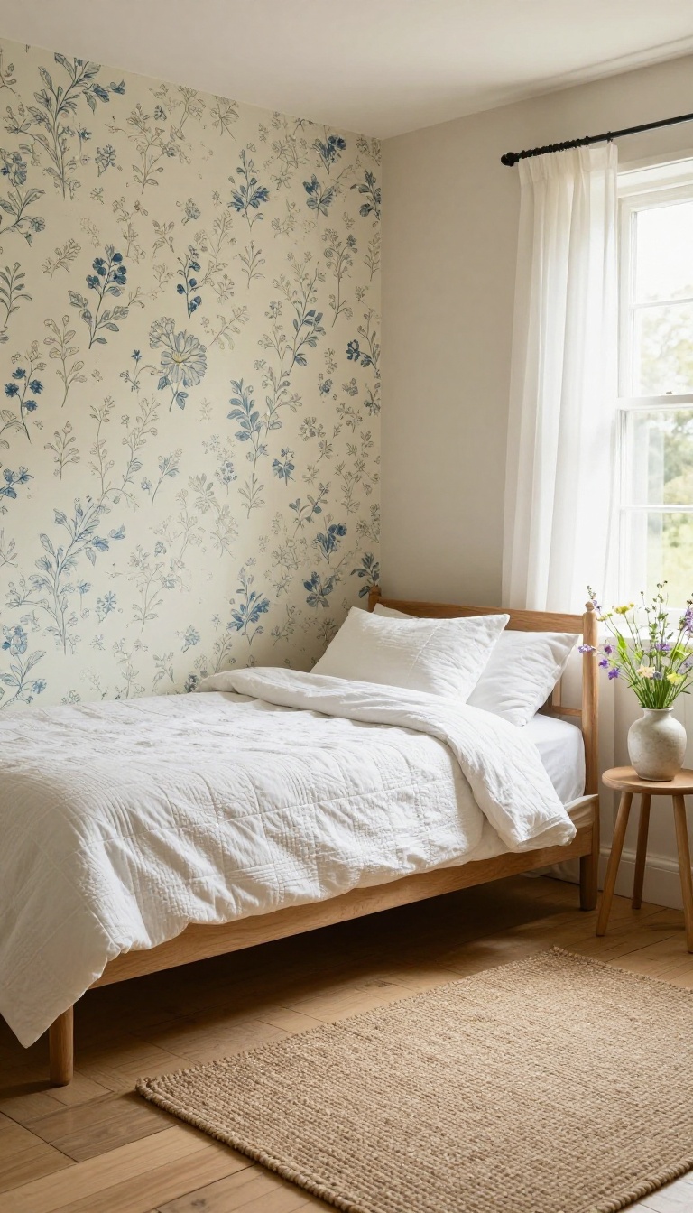 English cottage bedroom with a soft floral wallpaper accent wall behind a wooden bed with a white patchwork quilt and wildflowers in bright natural light