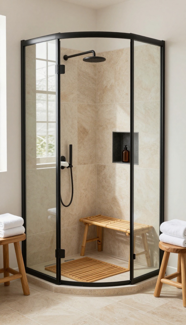 Bright quadrant shower room with a curved glass enclosure, teak shower mat, bamboo bench, and slate wall niche bringing natural warmth to the space