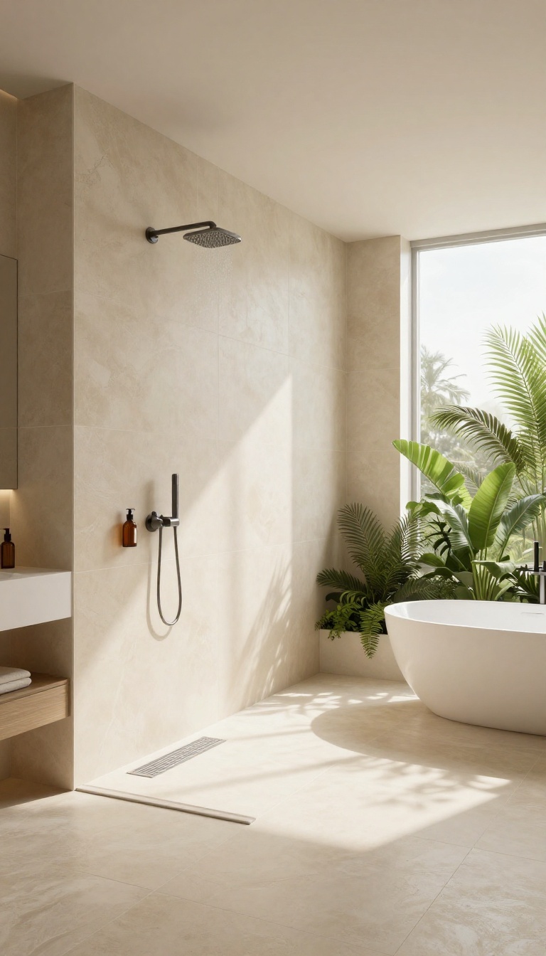 Modern bathroom with a floor-to-ceiling tile screen shower divider, no glass, featuring large beige tiles and natural light.