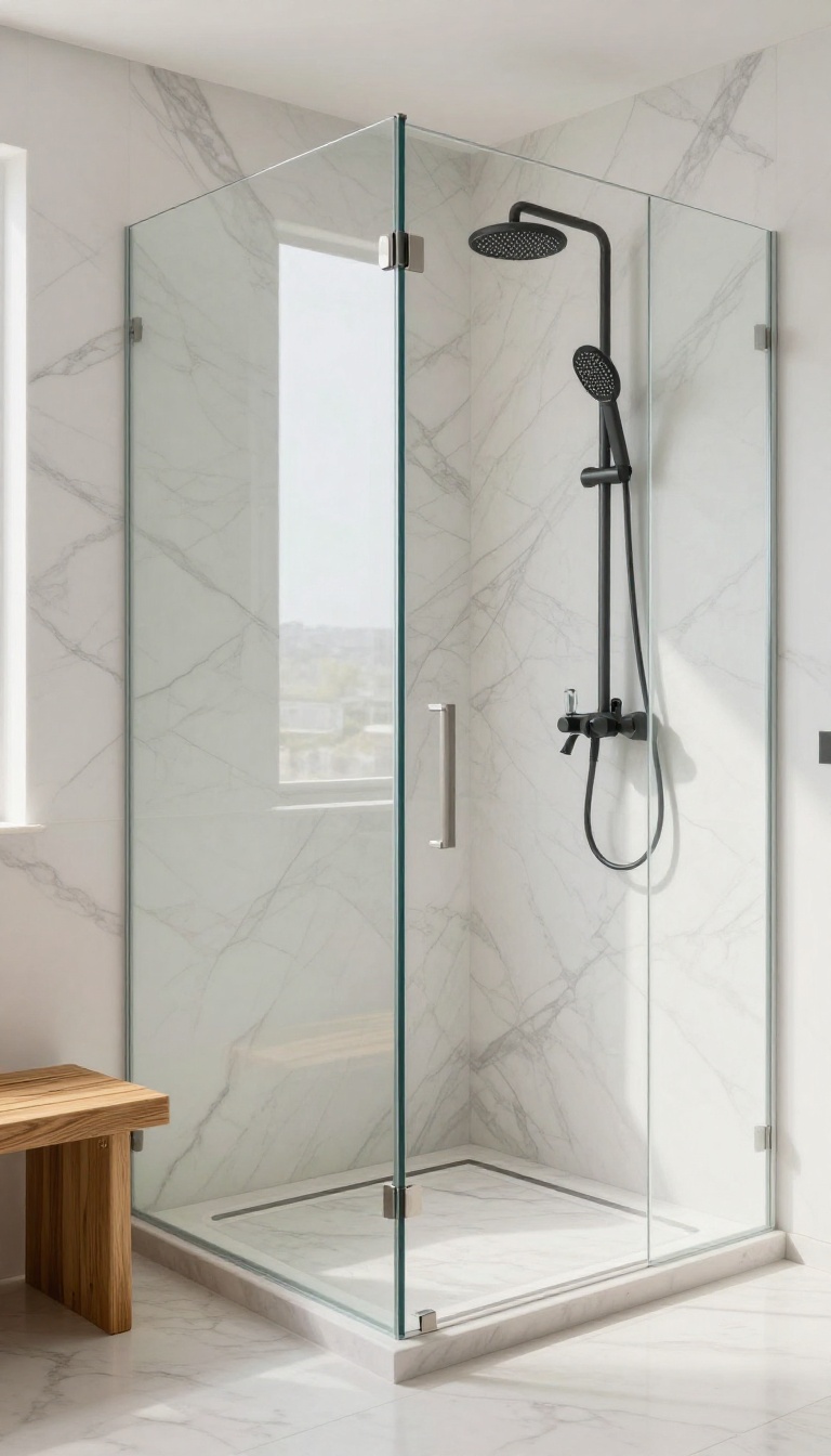 Frameless low-iron glass walk-in shower showcasing continuous floor-to-ceiling white marble veining with slim minimal hardware and bright natural light