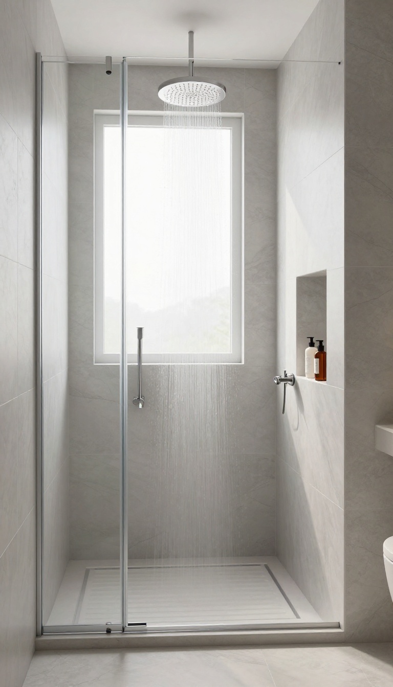 Modern walk-in shower with a built-in niche for storage, featuring neatly arranged bottles on a recessed shelf, clean tile design, and bright natural light.