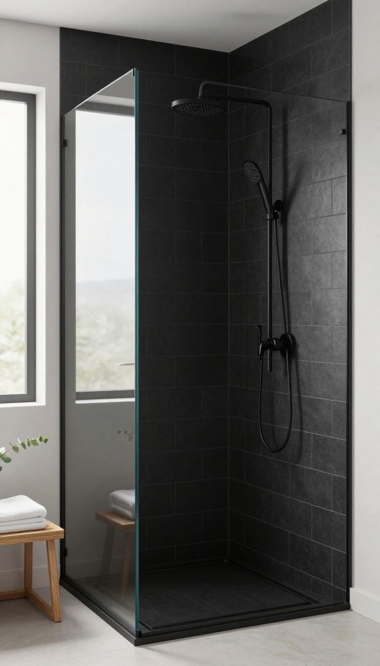 Matte black subway tile shower with soft natural light, frameless glass, and a matte black rain showerhead in a calm modern bathroom