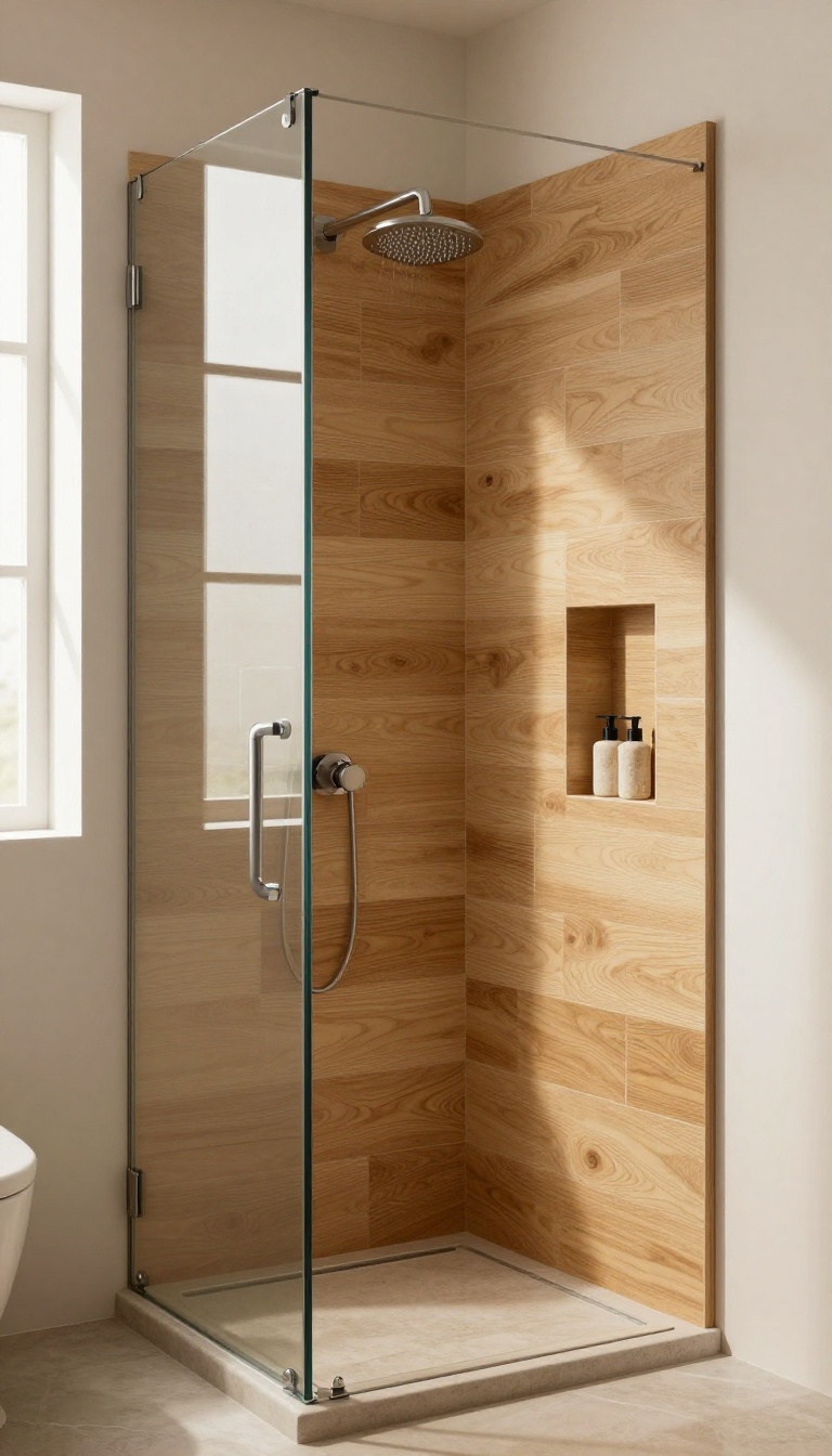 Walk-in shower with wood-look porcelain tile floor in a warm oak tone, creating a cozy, spa-like atmosphere.