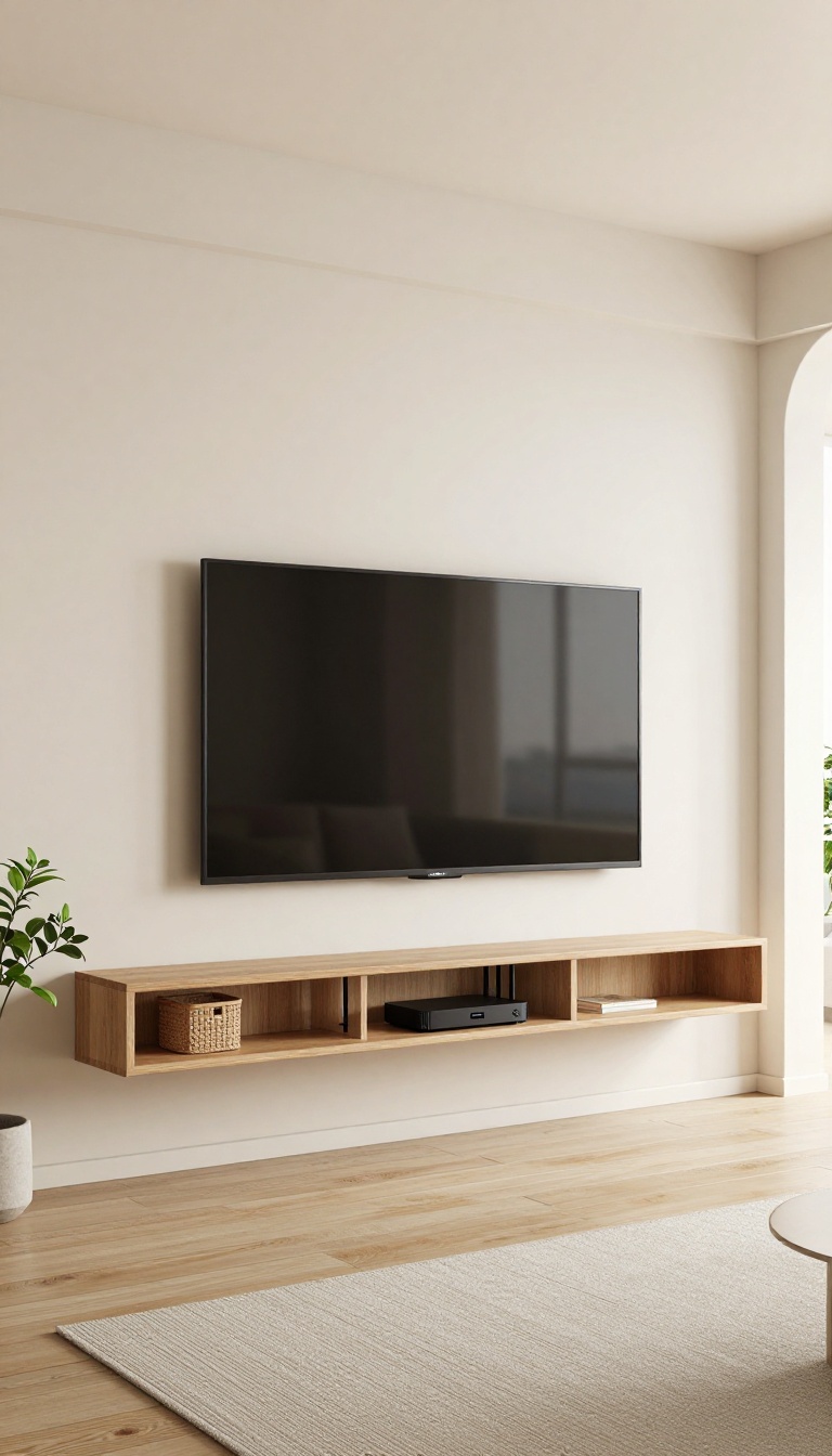 Floating shelves with hidden cable management concealing cords and devices below a wall-mounted TV in a bright modern living room
