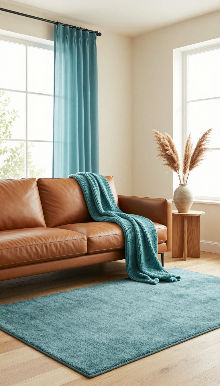 Bright living room with a caramel leather sofa accented by soft teal throw, rug, and curtains in warm natural light