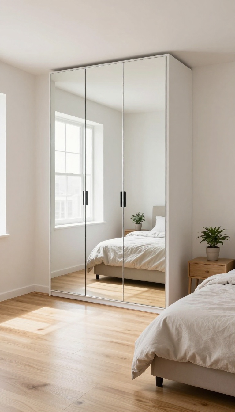 Modern bedroom with a full-length mirrored wardrobe reflecting bright natural light, creating a brighter and more open feel
