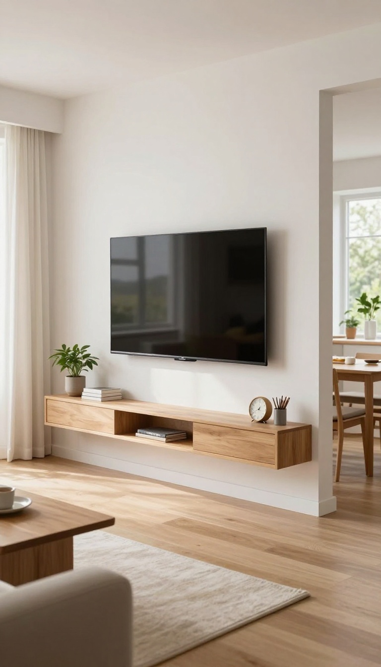 Long floating shelf extending past a wall-mounted TV to softly divide an open-plan living room from the dining and workspace zones
