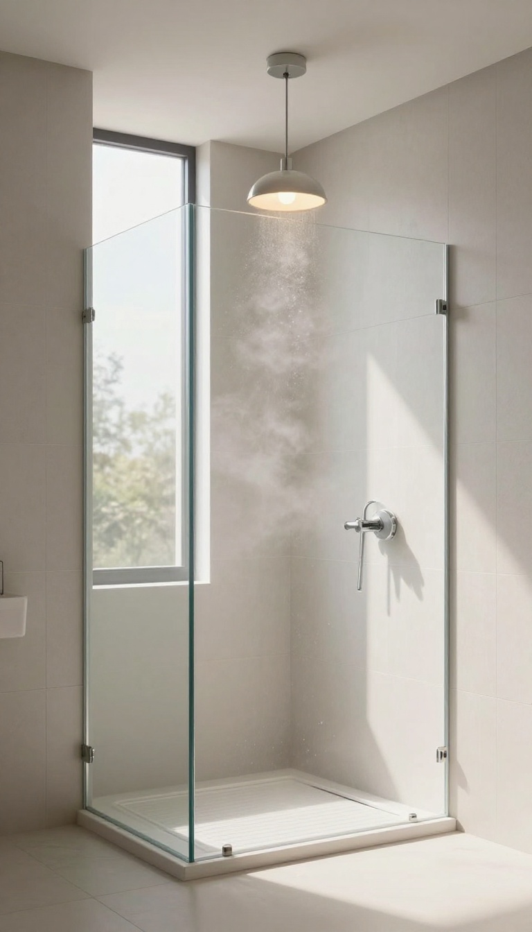 Modern tall shower with a high ceiling and a warm pendant light hanging safely above the splash zone, surrounded by bright natural light and clean tile walls