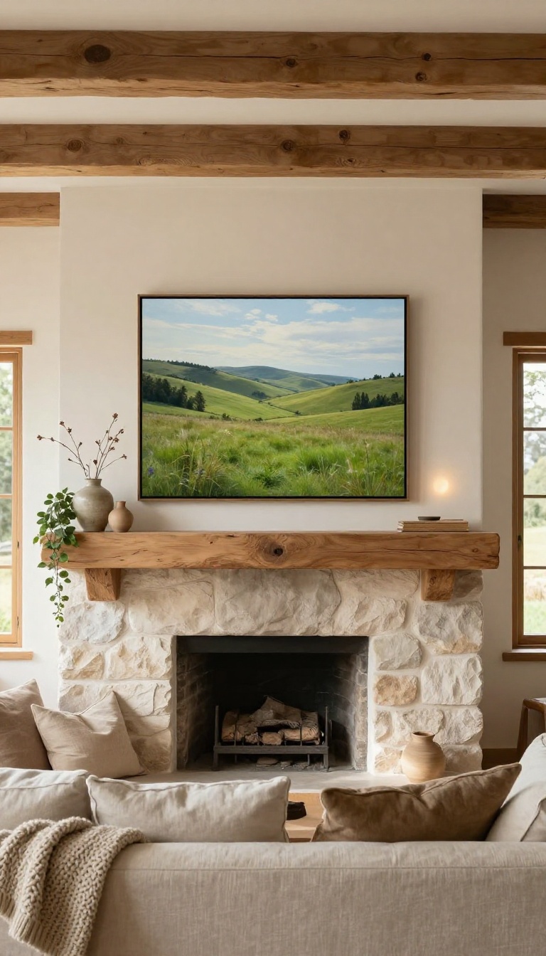 Cozy country living room with a large framed landscape painting hanging above a rustic wood mantel, layered with natural light, greenery, and warm textiles.