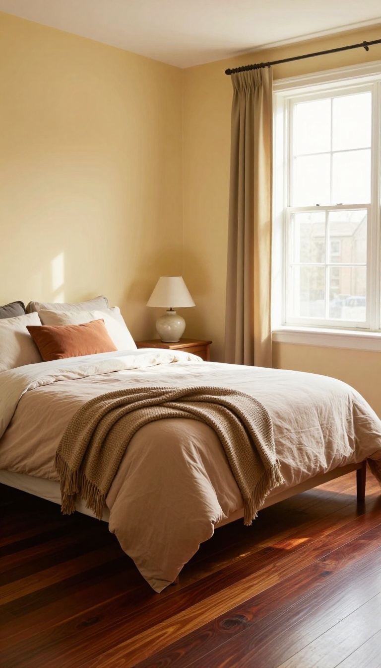 Warm cream-walled bedroom with dark wood floors and cozy layered bedding in soft natural light