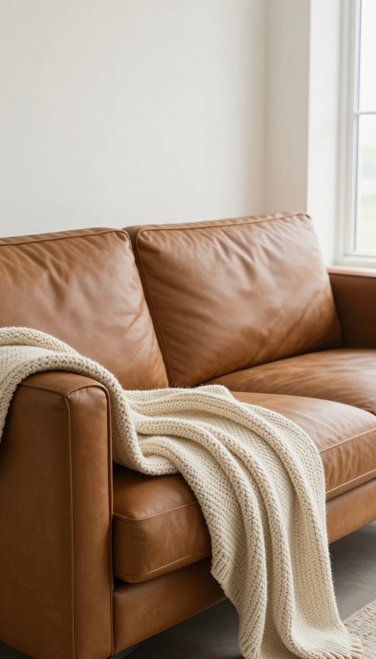Chunky cream knit throw draped casually over the arm of a caramel leather couch in a bright, cozy living room