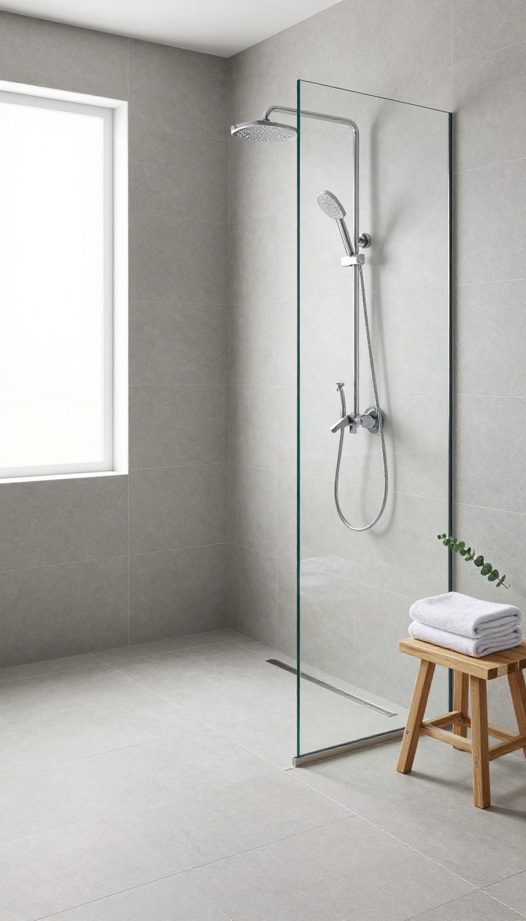 Modern bathroom shower floor with large-format gray tiles and a flush linear drain along the wall, bright natural light