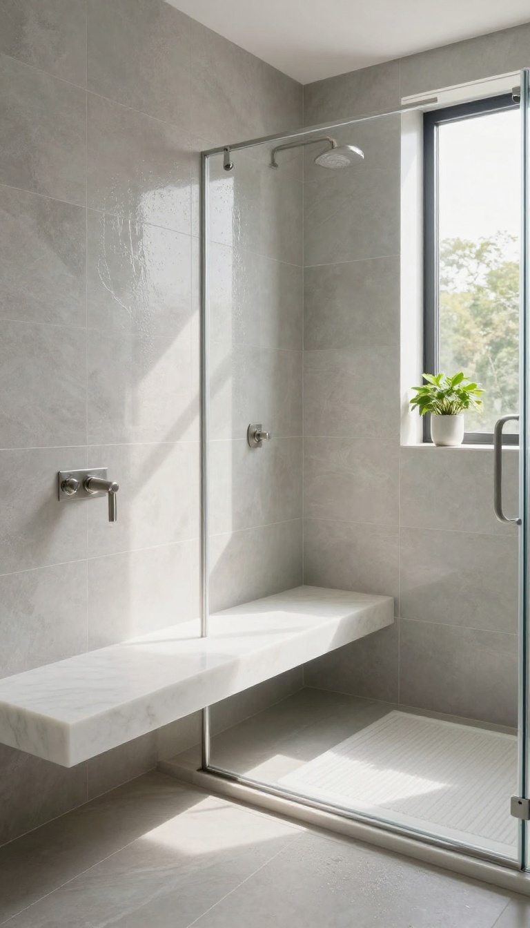 Floating quartz bench mounted in a bright modern walk-in shower with open floor space underneath