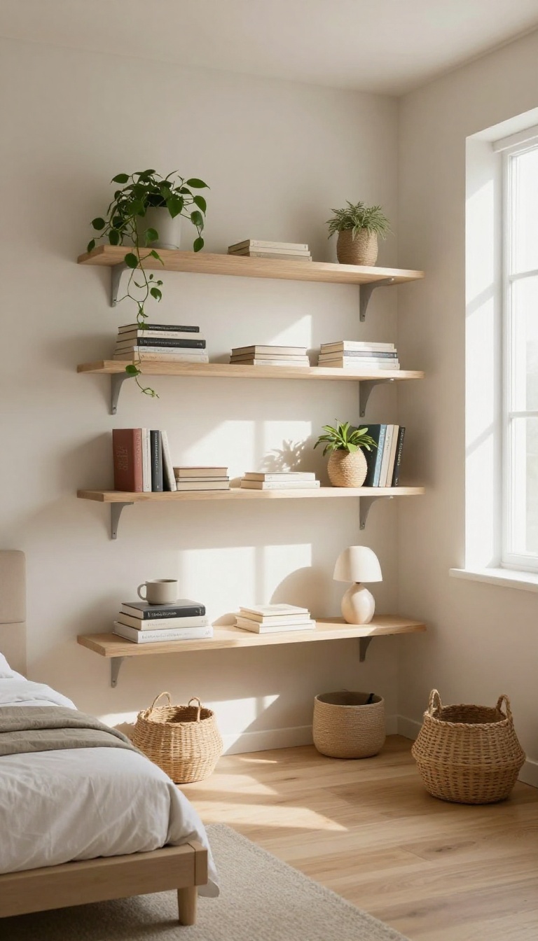 Small spare bedroom with staggered floor-to-ceiling floating wall shelves styled with books, a plant, and baskets in bright natural light