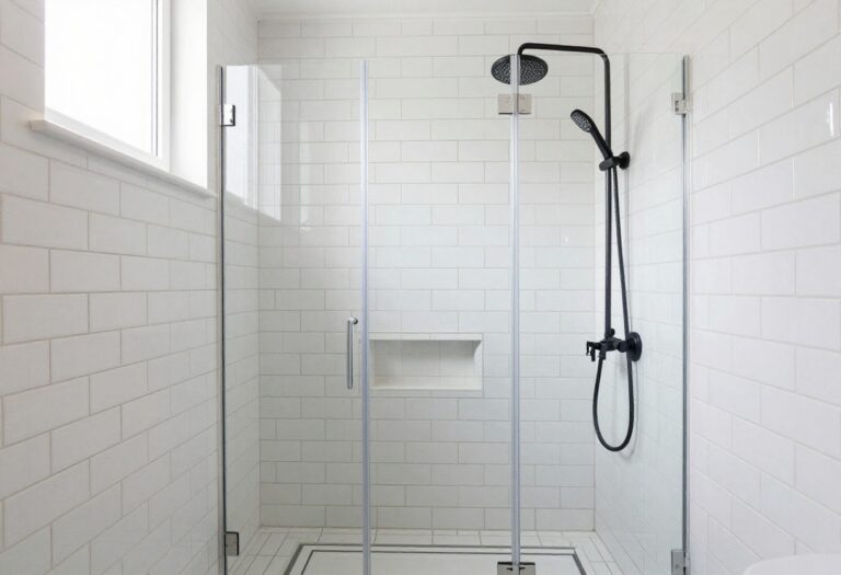 Classic white subway tile shower with dark grout and matte black fixtures in a bright bathroom.