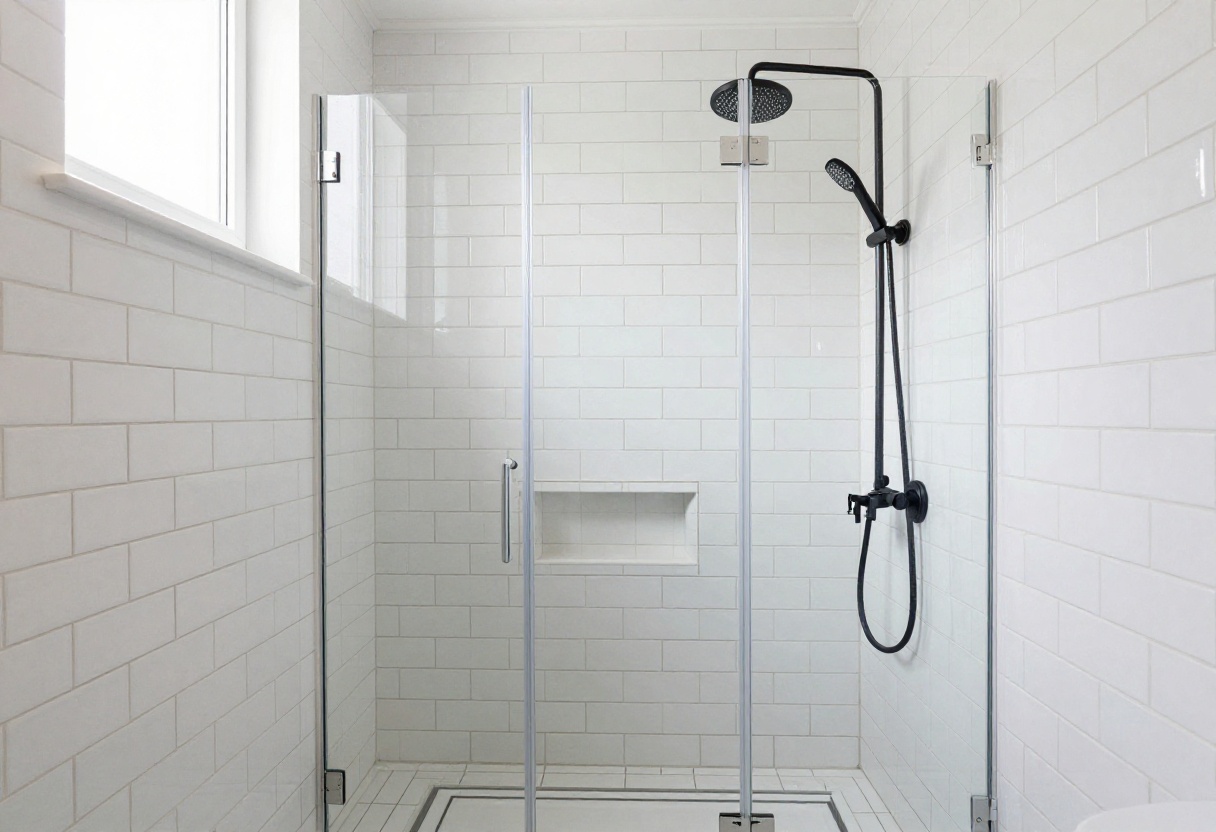 Classic white subway tile shower with dark grout and matte black fixtures in a bright bathroom.