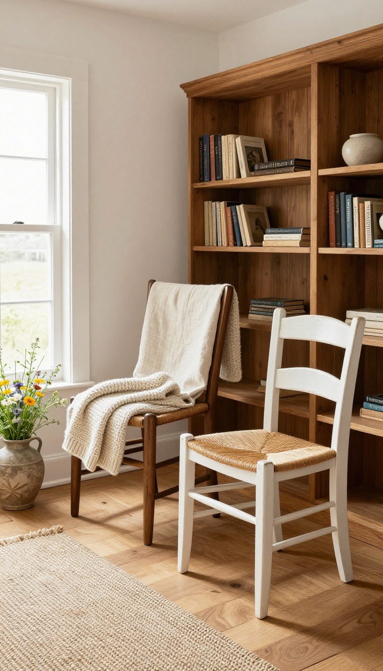 Cozy country living room with mismatched slipcovered and wooden dining chairs arranged near a bookshelf in bright natural light
