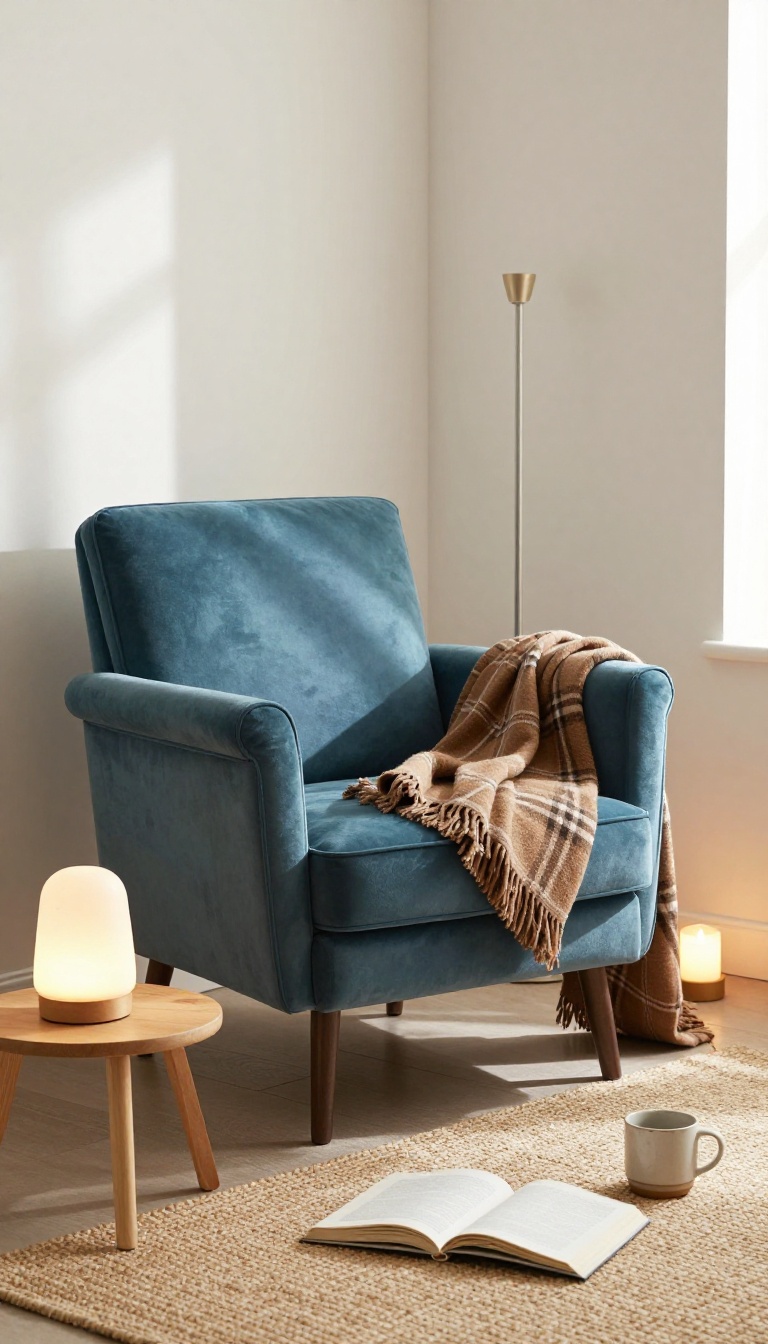 Teal velvet armchair with a brown plaid throw beside a wooden side table and lamp in a bright neutral corner reading nook