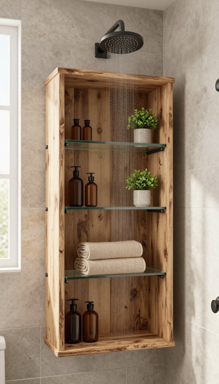 Rustic shower with reclaimed wood and glass shelves holding toiletries and a rolled towel