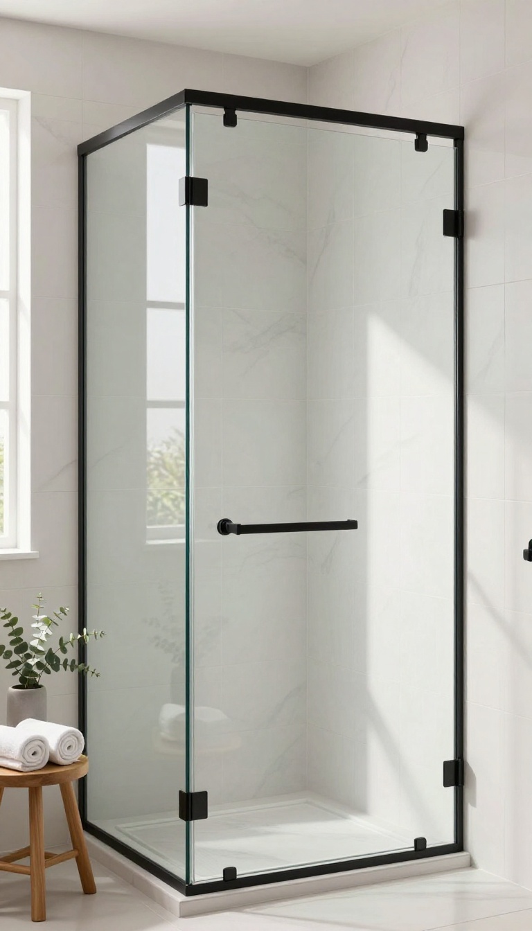 Frameless two-panel corner glass shower with a hinged door in a bright modern bathroom