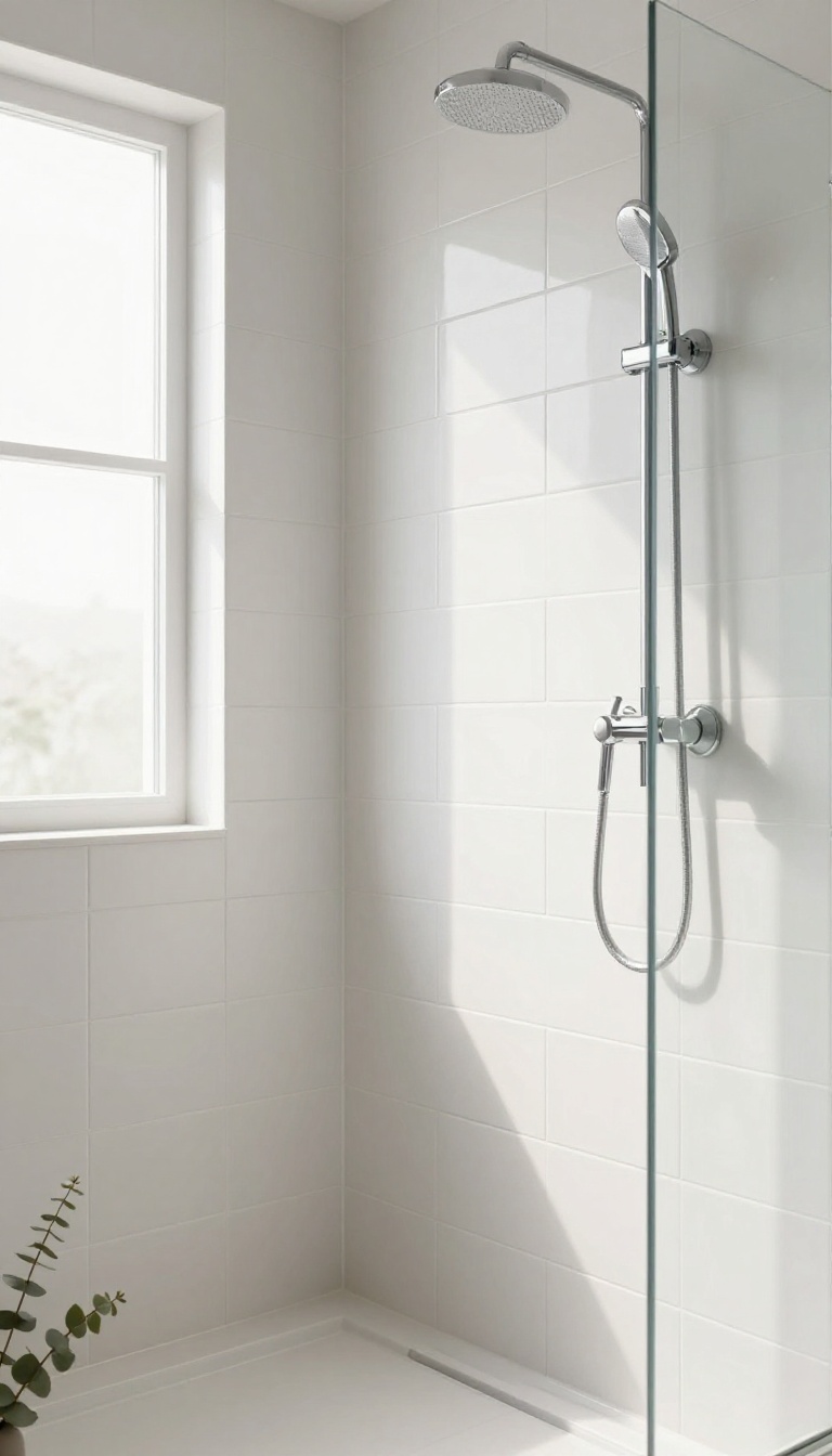 Bright bathroom shower wall with beveled edge white subway tile catching soft natural light and creating subtle dimensional shadows
