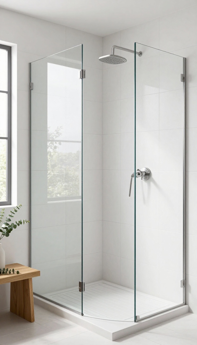 Modern master bathroom shower with large-format white porcelain tiles and minimal grout lines, frameless glass panel, and a rain showerhead in bright natural light